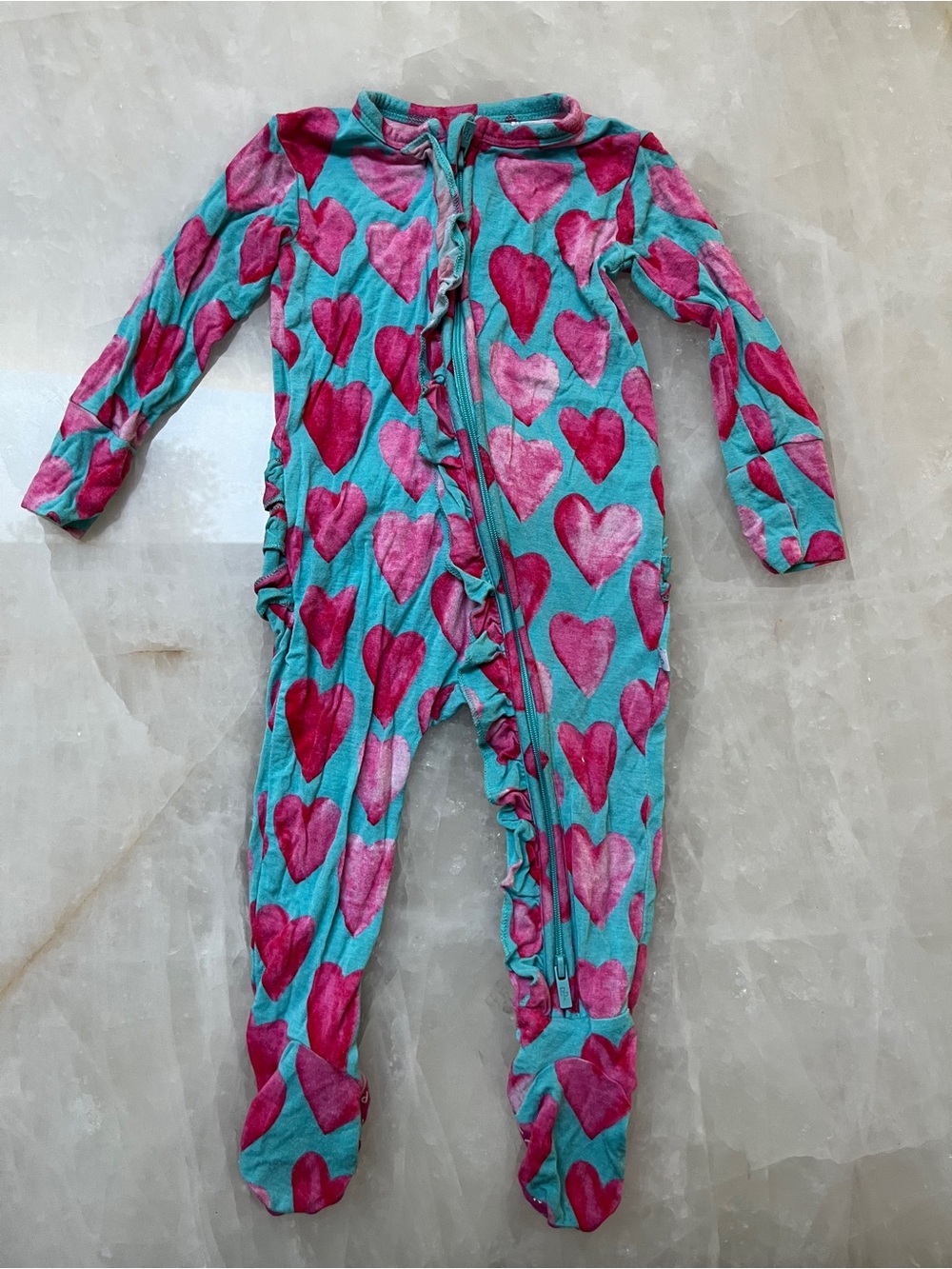 Posh Peanut Teal and Pink Heart Footed One-Piece